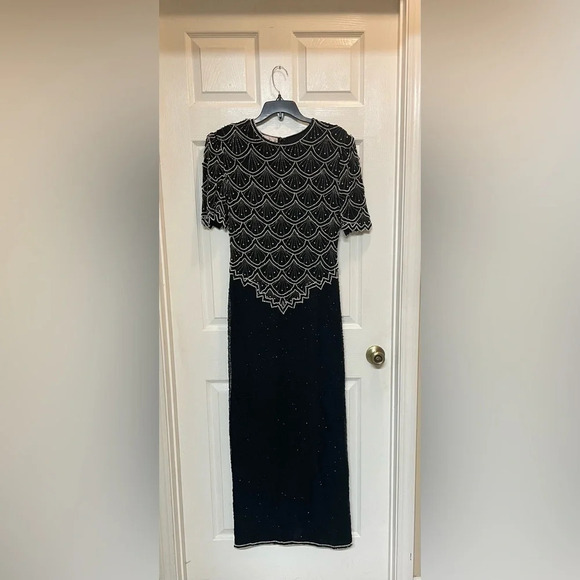 Vintage LAWRENCE KAZAR PEARL Hand Beaded Silk Long Formal Gown Retro Glam Sm - Picture 1 of 14